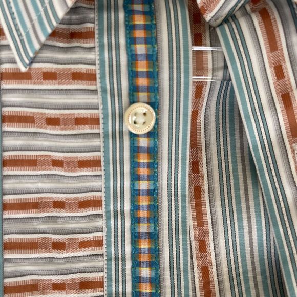 Robert Graham Contrast Flip Cuff Teal Orange Blue Striped Floral Embroidered L - Picture 7 of 7